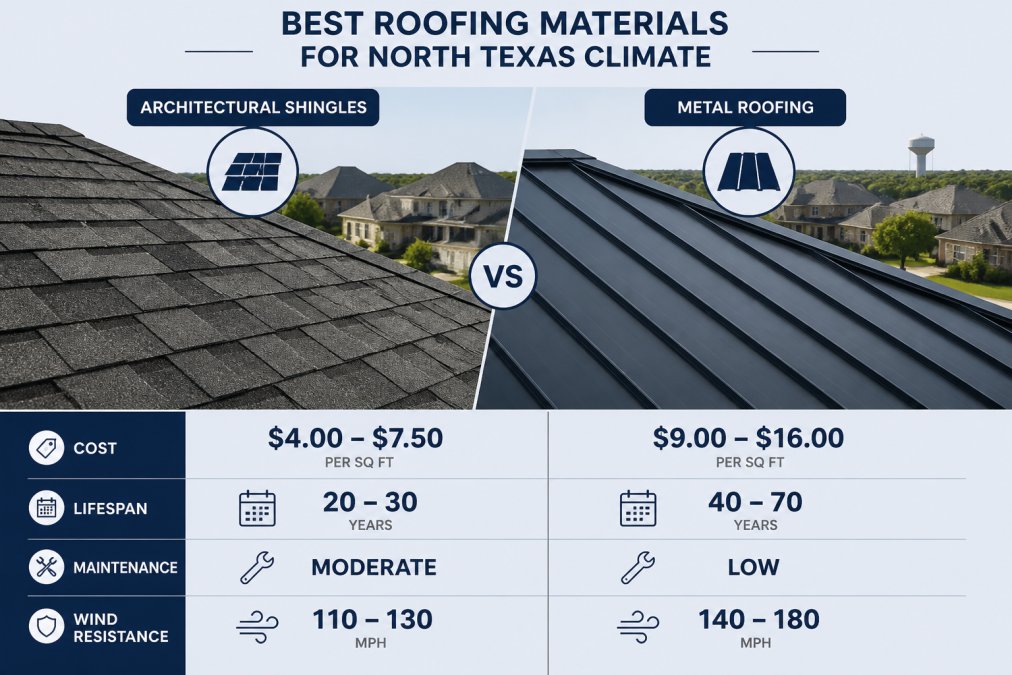 Close-up of residential roof showing architectural shingles and metal roofing sections side by side, demonstrating texture and color differences in natural daylight, with North Texas residential neighborhood visible in background