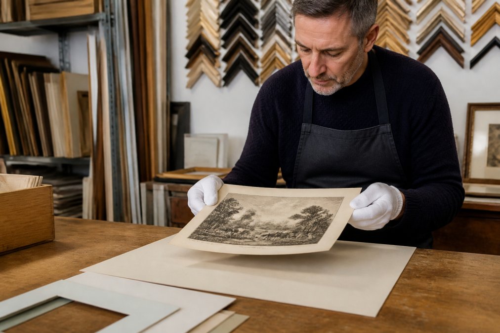 A professional framer wearing white cotton gloves carefully examining a vintage print at a wooden workbench, with mounting boards and a clean workspace visible