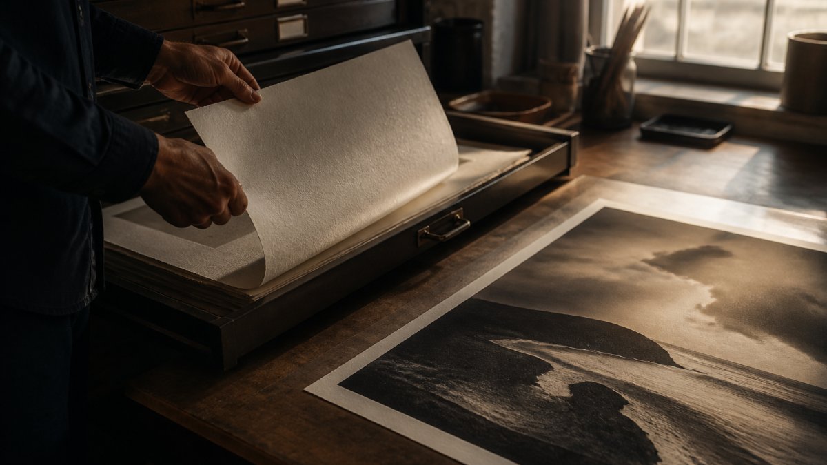 Close-up of a printmaker's hands lifting a sheet of thick cotton rag paper from a flat file drawer in a studio, a pigment inkjet print emerging on the table beside it under warm window light