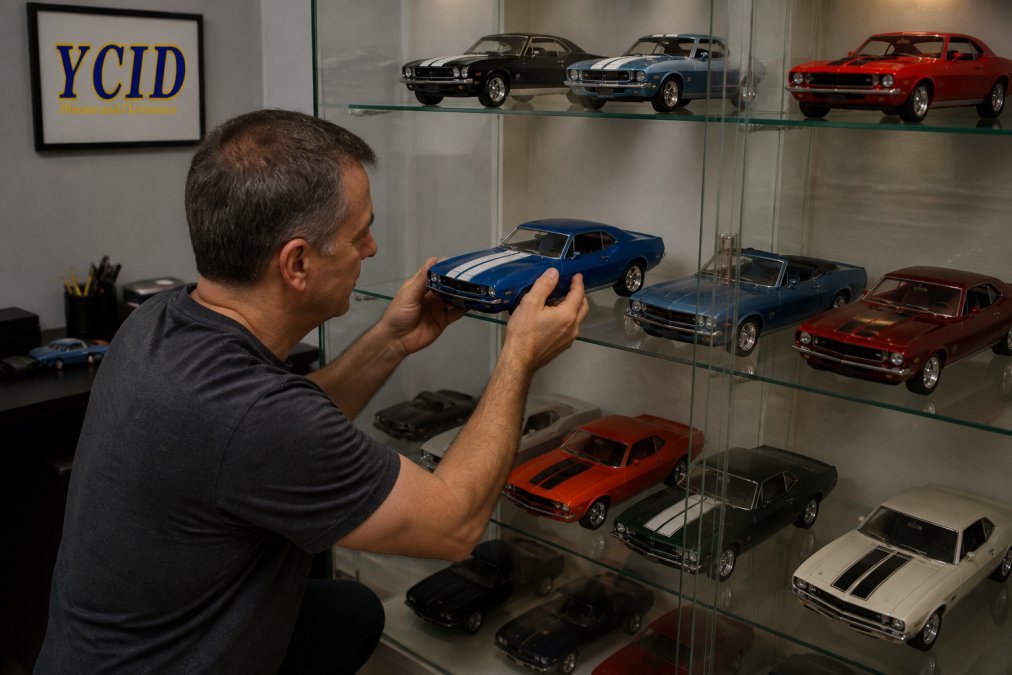 Collector carefully placing a 1:18 scale muscle car into a glass display case to preserve its long-term value
