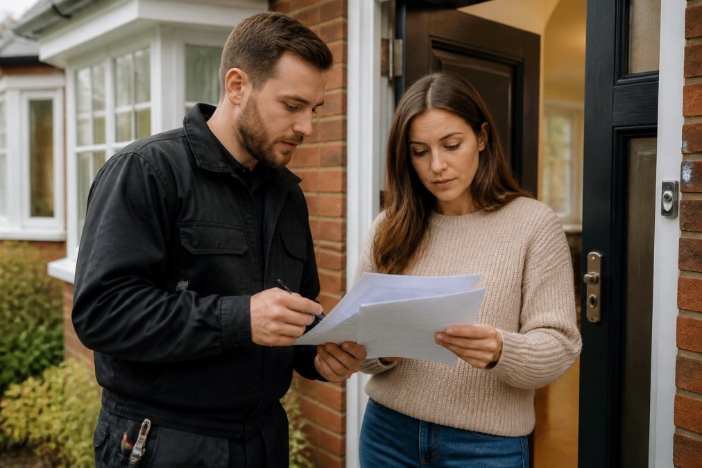 Homeowner examining a locksmith's written invoice and professional credentials on a doorstep, carefully reviewing paperwork with a focused expression in natural daylight