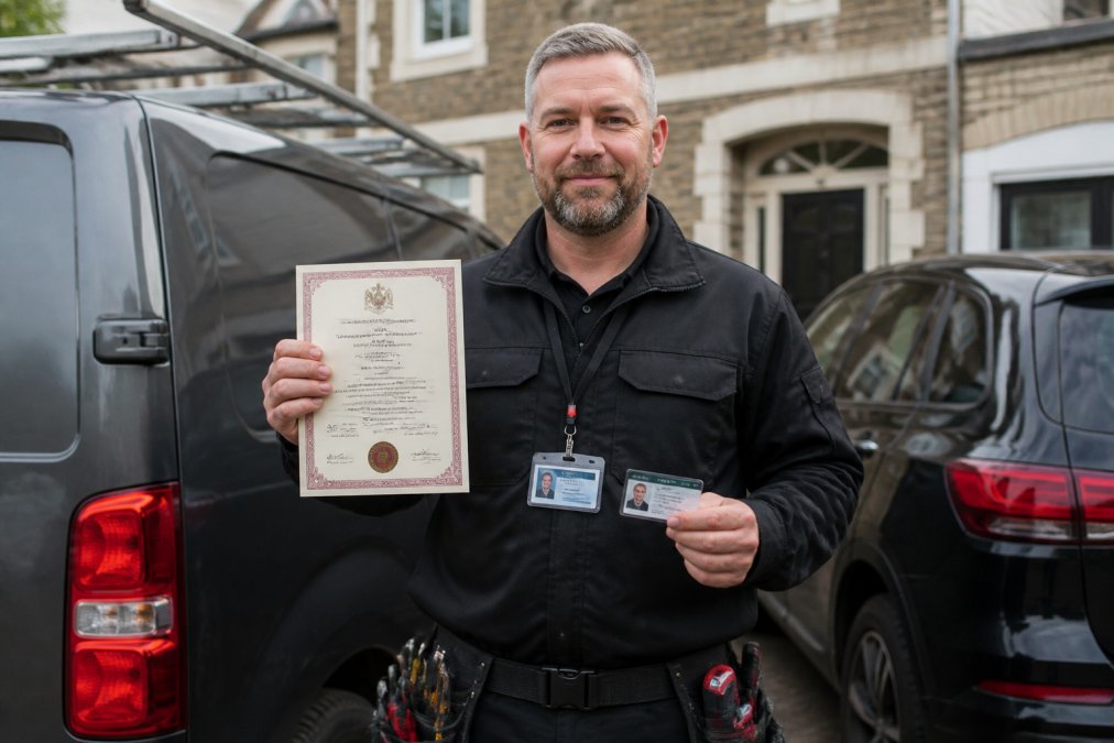 Certified locksmith in professional uniform holding an accreditation certificate and identification badge, standing confidently with a toolkit visible, photographed in natural daylight against a neutral background