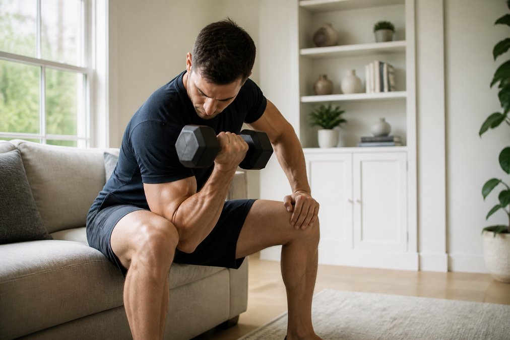 A person performing a slow, controlled bicep curl with a 15 lb dumbbell, elbow pinned to the inner thigh to isolate the muscle, in a bright home living room with natural window light