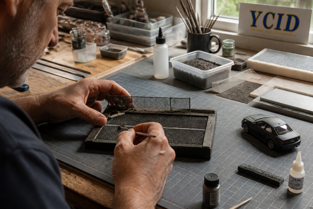 A hobbyist's hands assembling a small 1:64 scale diorama on a workbench, with miniature asphalt texture, tiny fences, and a model car nearby, natural light from a window