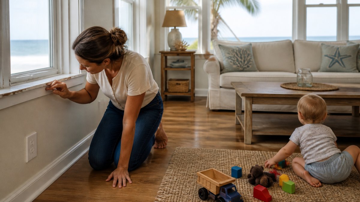 Parent inspecting a vintage windowsill and outlet in a restored 1950s vacation home living room with toddler toys nearby.