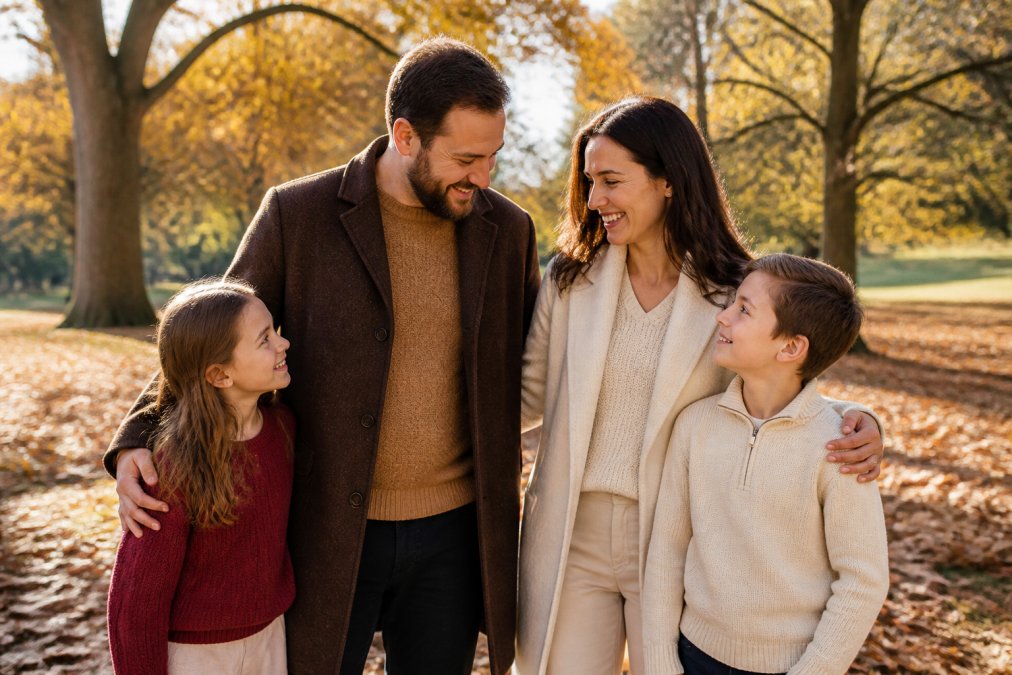 Family of four in a park wearing complementary fall colors, chocolate brown coat, camel sweater, burgundy knit, cream layered pieces, standing together naturally with genuine smiles and relaxed posture in soft afternoon light