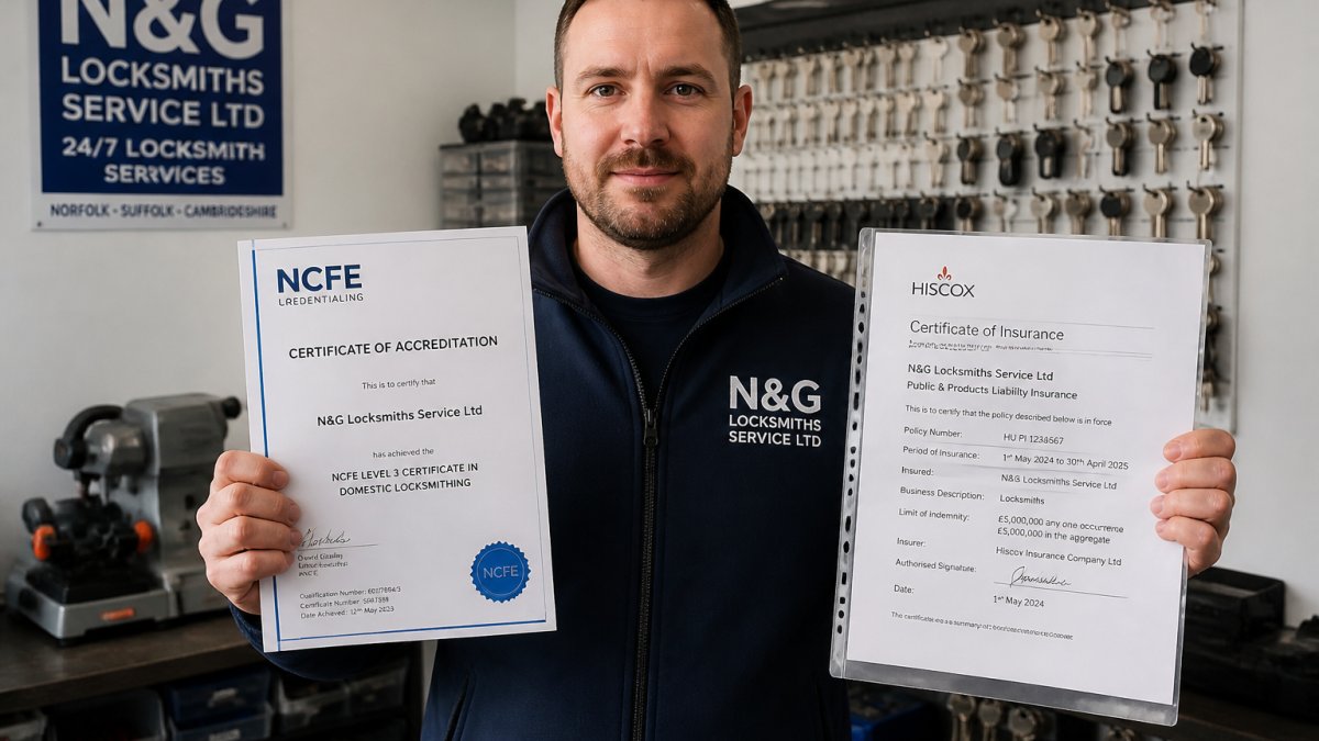 Professional locksmith holding up accreditation certificate and insurance documentation to camera in well-lit workshop setting, showing clear text on documents