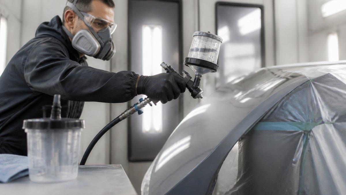 Auto painter applying a finish using one of the best clearcoat brands in a professional collision booth