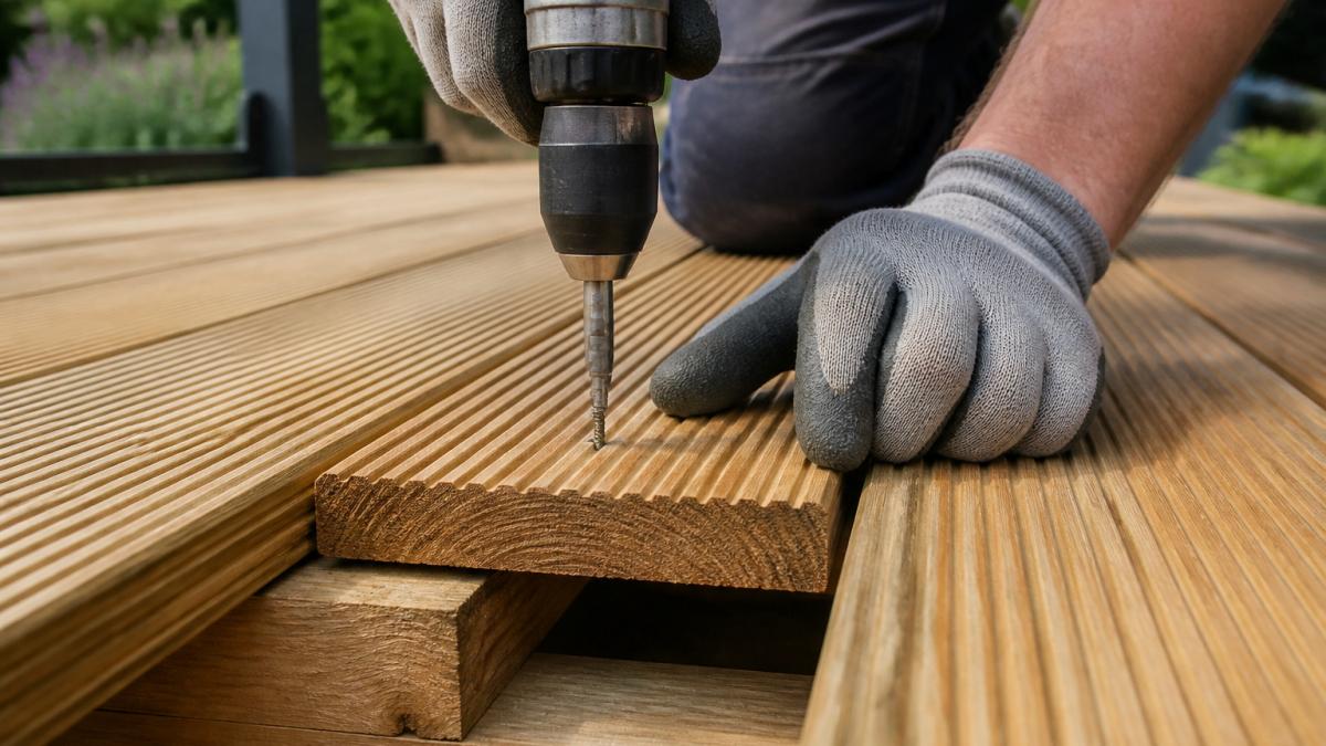 Hands in work gloves driving 30mm decking screws into a timber board on a garden deck
