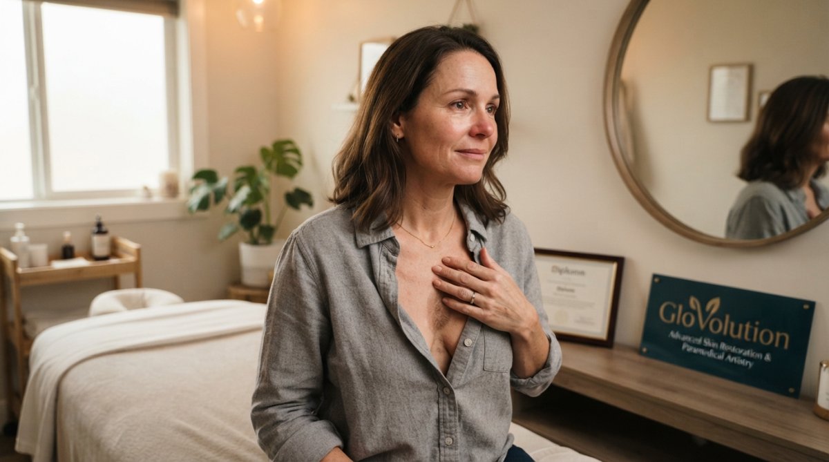 Woman in clinical spa setting looking in mirror with soft natural lighting, touching her chest with a subtle expression of recognition and comfort
