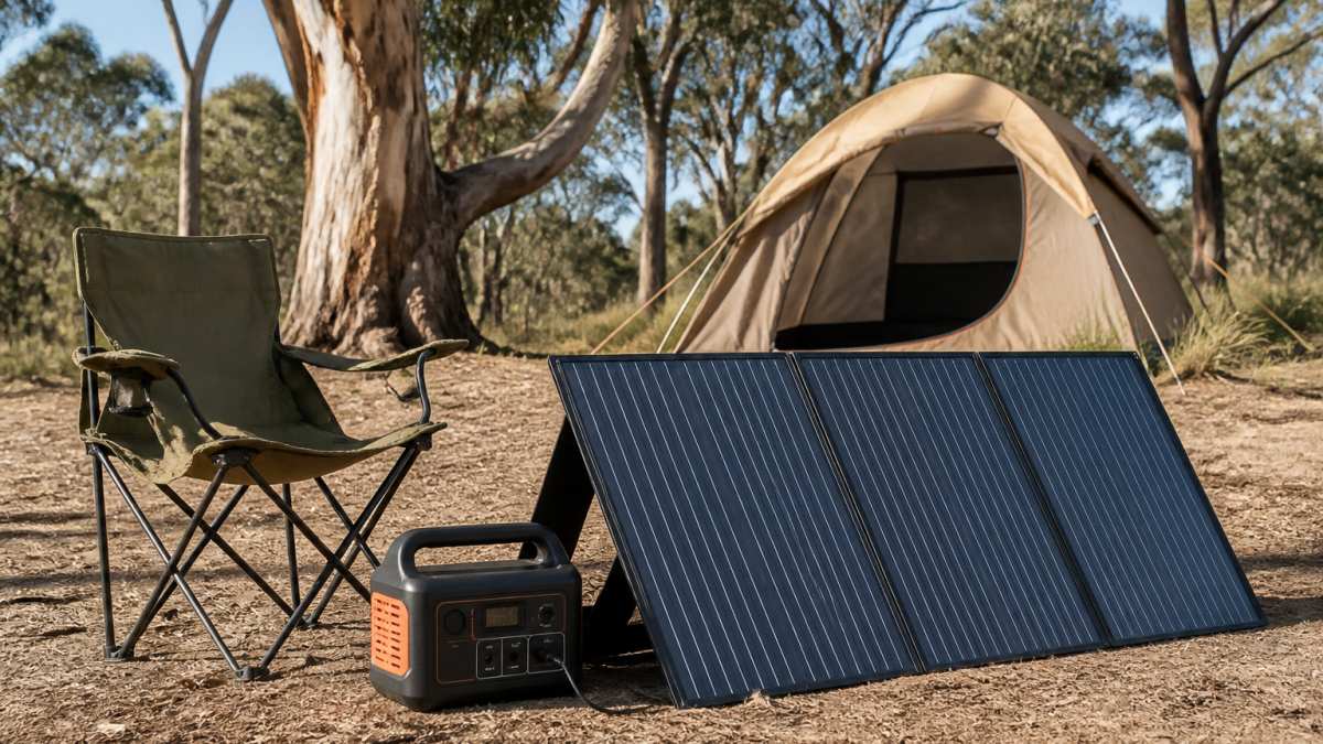 Folding solar panel propped by a power station and chair at a sunny campsite with eucalyptus trees in the background