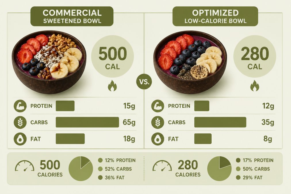 Bar chart comparing calories and nutrients in a commercial versus a low-calorie açai bowl healthy weight loss option.