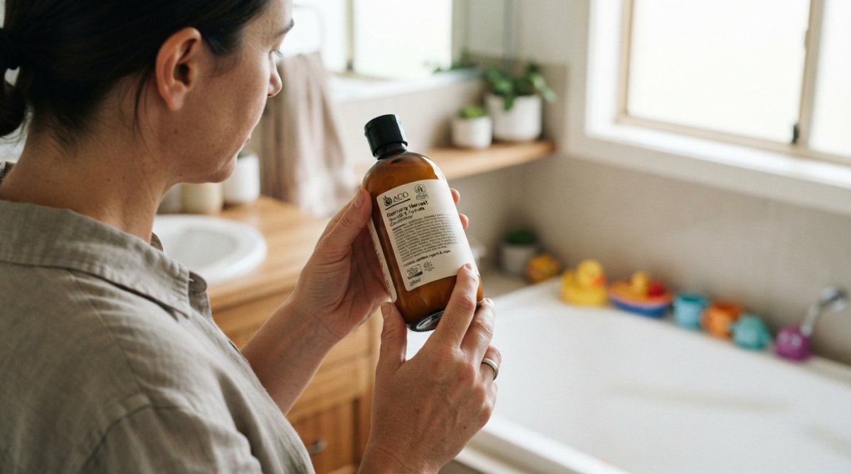 Parent reading the label of ACO certified hair products in a bright bathroom with bath toys in the background