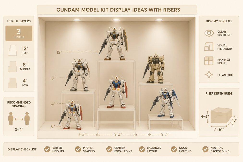 A collector's shelf displaying multiple Gundam model kits on clear acrylic risers at varying heights, with proper spacing between figures and a neutral background, showing clear visual hierarchy and sightlines