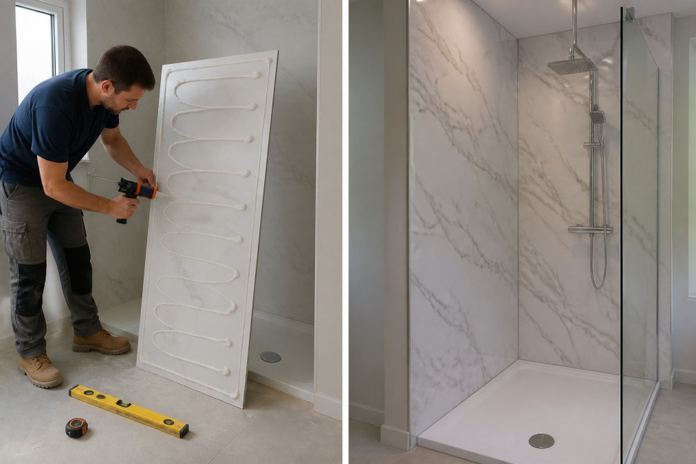 Homeowner applying adhesive to a marble-effect acrylic shower panel during a DIY bathroom renovation project.