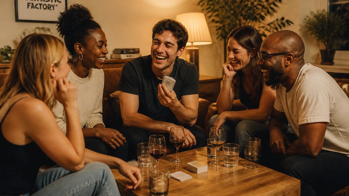 A group of five adults sitting around a low wooden coffee table in a warm living room, one person holding up a small card deck and laughing while the others lean in, lamplight and half-empty glasses on the table