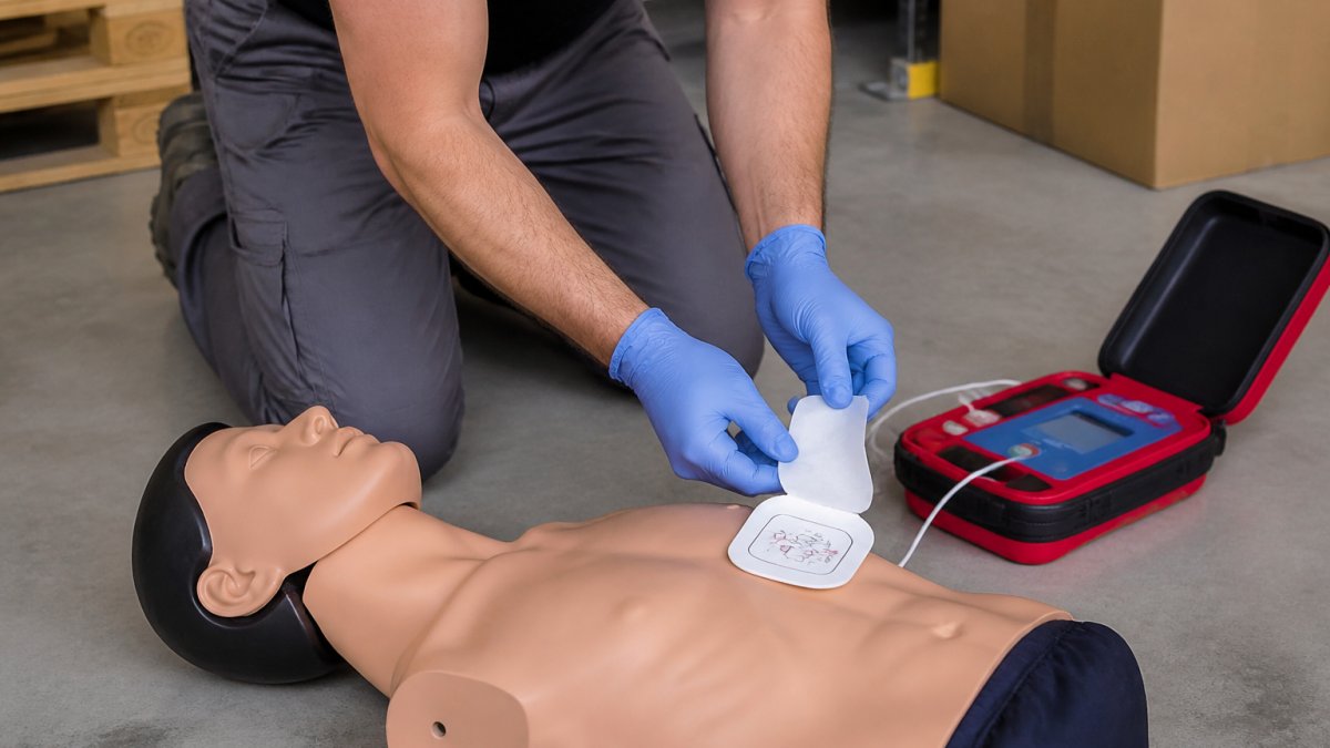 Rescuer applying an AED electrode pad to a training manikin's bare chest on a floor