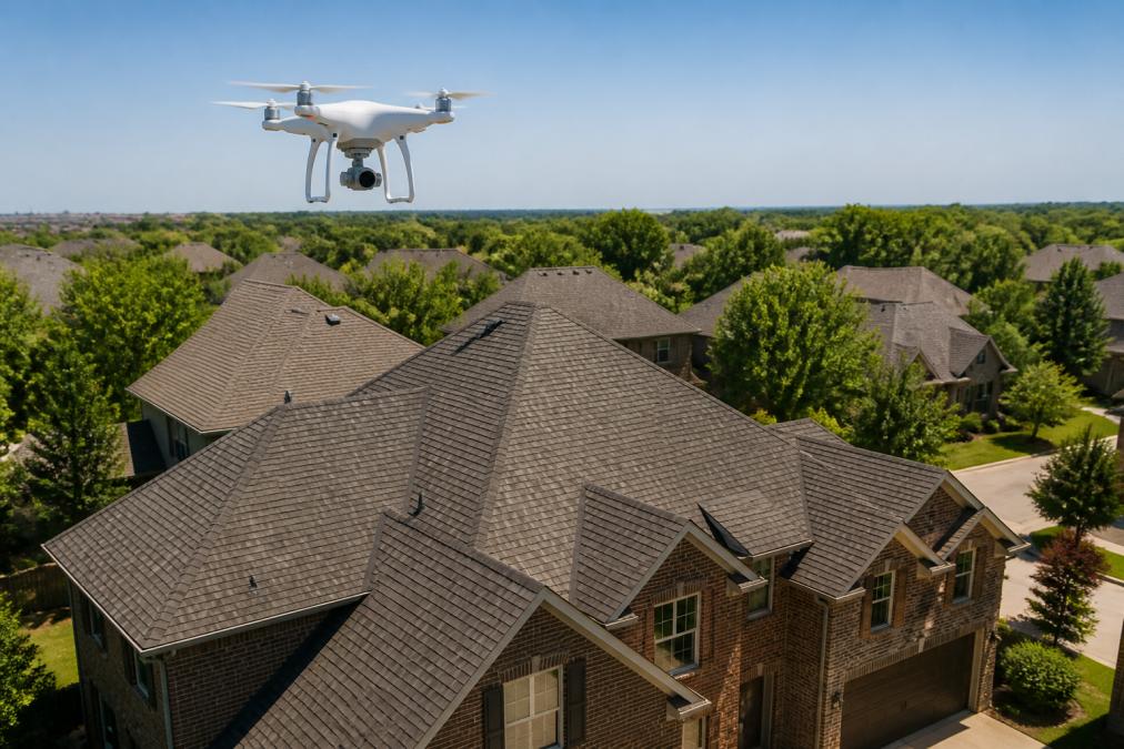 Drone hovering above a residential home capturing aerial imagery of roof planes, ridge lines, and surrounding structures with clear overhead perspective