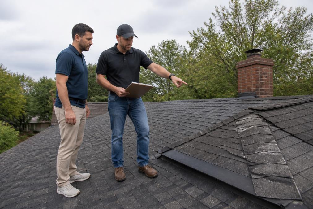 Roofing contractor and homeowner standing on roof during inspection, contractor pointing out roof measurements and damage details while homeowner observes