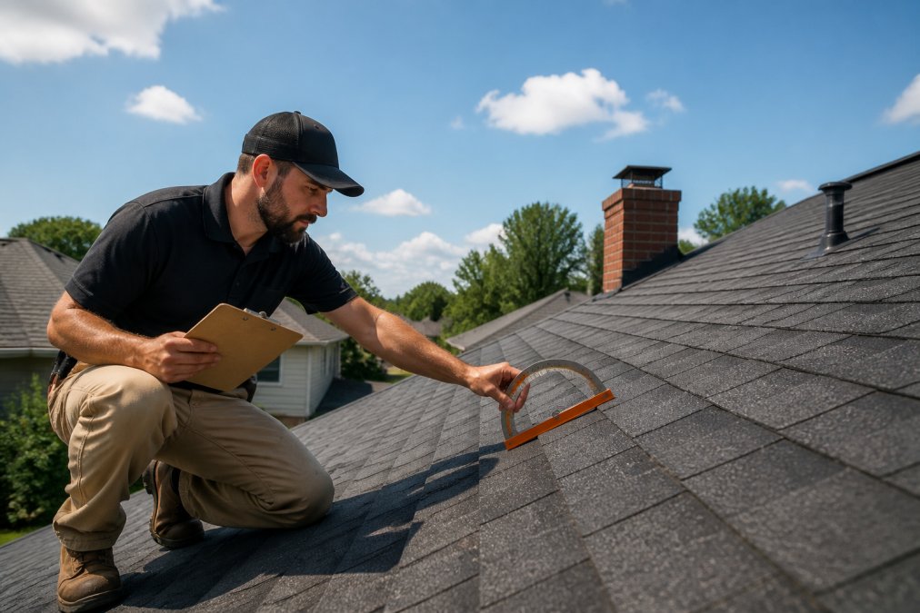 Professional roofing contractor on residential roof holding measurement tools and clipboard, inspecting roof planes and measuring pitch angles during a site visit with clear sky in background