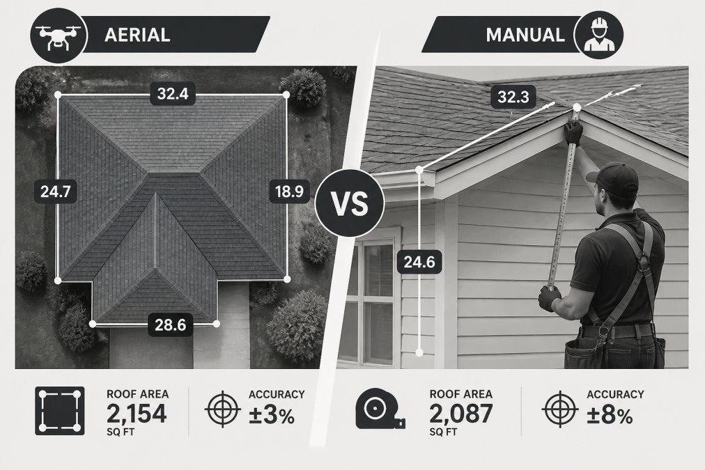 Split perspective showing drone aerial view of residential house roof from directly above alongside ground-level photo of contractor measuring eaves and ridge lines with tape measure