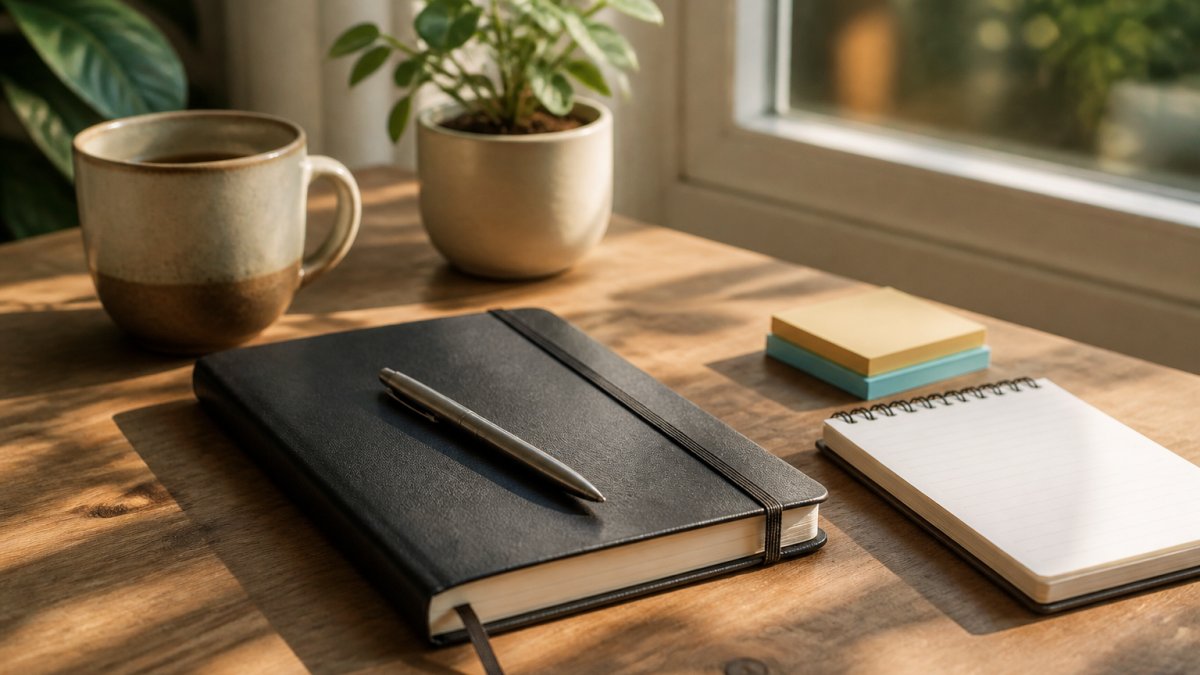 Close-up of a tidy desk with a lined hardcover journal, a ballpoint pen, a small notepad, and sticky notes arranged beside a warm mug, soft daylight from a window