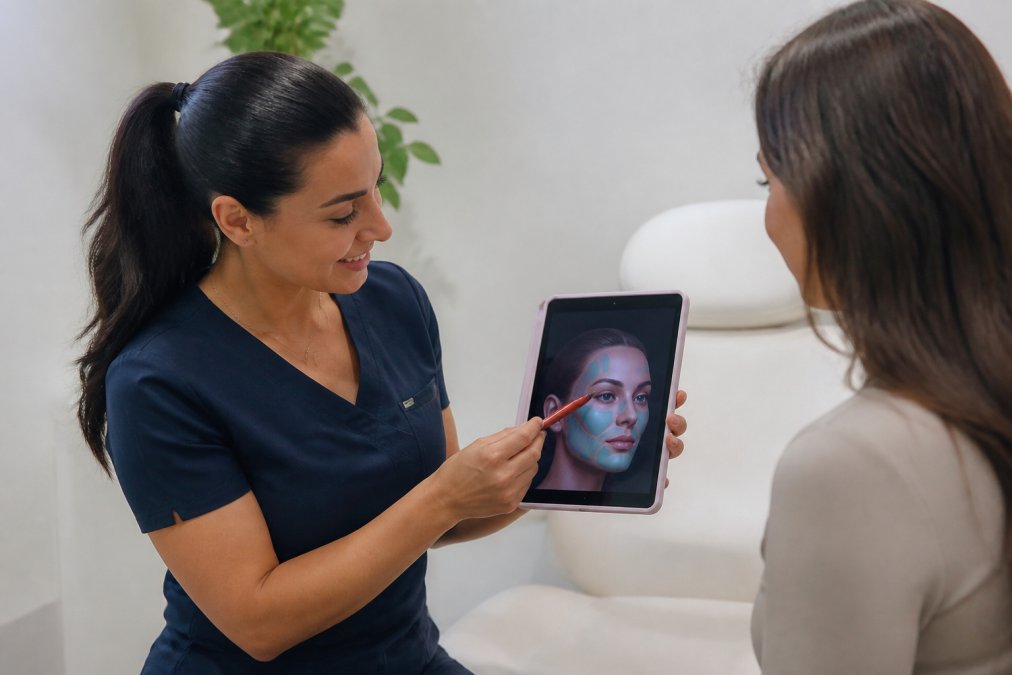 Registered nurse reviewing a personalized plan for aesthetic treatments with a client on a tablet