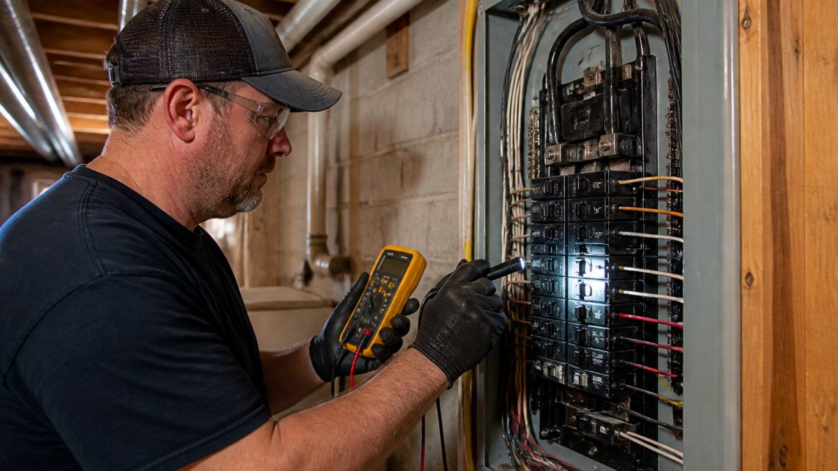 Electrician using a multimeter to troubleshoot an AFCI breaker in a residential electrical panel
