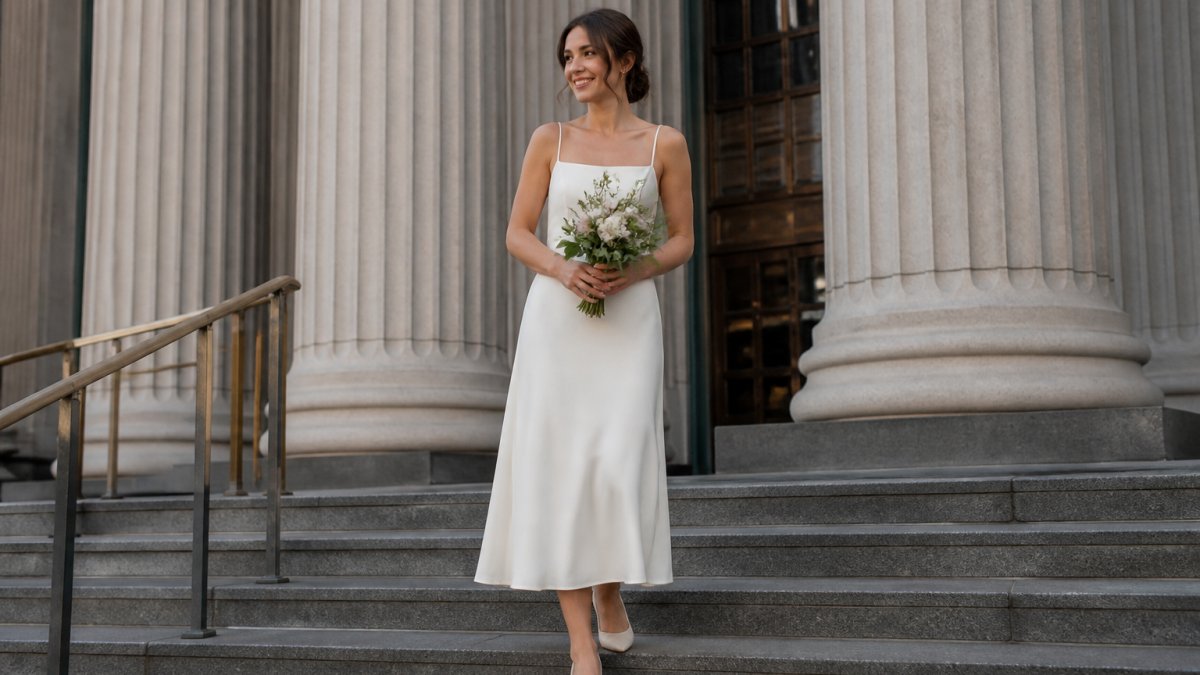 A bride in a simple off-white midi dress standing on the steps of a city courthouse, holding a small bouquet, with a relaxed smile and natural daylight