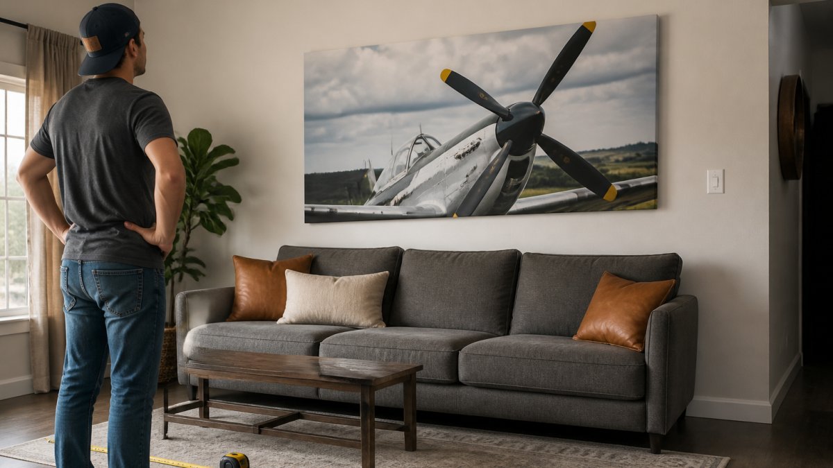 Person measuring a wall for affordable custom canvas print services above a sofa