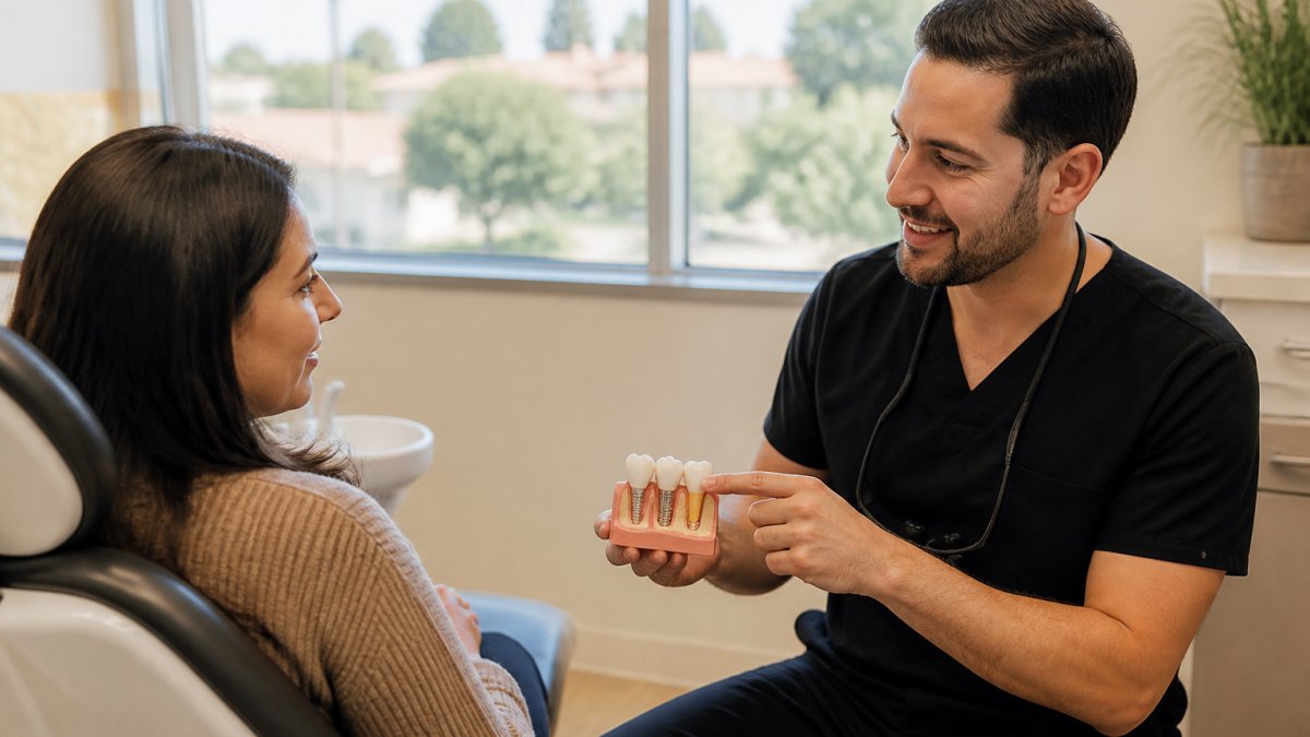A dentist in a bright, modern treatment room showing a seated patient a dental implant model, both relaxed and talking, soft natural window light
