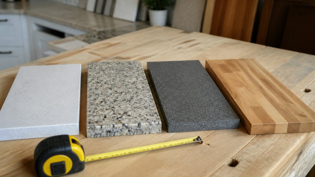 Quartz, granite, laminate, and butcher block samples laid out for countertop upgrades on a workbench with a tape measure.
