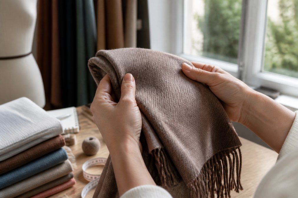 Hands checking the weave and drape of a pashmina to find quality affordable scarves in natural light.