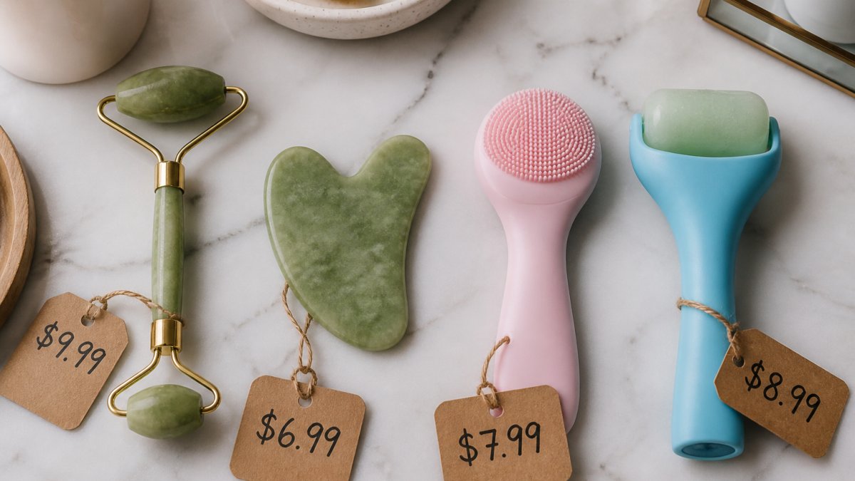 A flat-lay of affordable skincare tools on a marble counter, a jade roller, a gua sha stone, a soft cleansing brush, and a small ice roller, with price tags visible