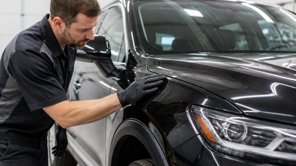Technician checking the alignment of aftermarket body panels on an SUV fender and hood in a body shop
