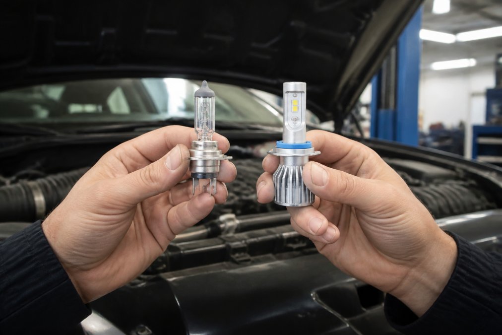 Mechanic holding a halogen bulb next to an LED bulb over an open engine bay in a repair shop