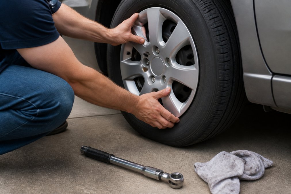 Hands pressing silver aftermarket wheel covers onto a car rim with a torque wrench and rag nearby