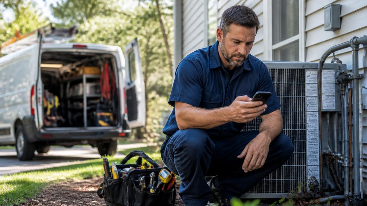 A contractor in work clothes on a job site checking a text message on a smartphone, tool bag at his feet, service van blurred in the background