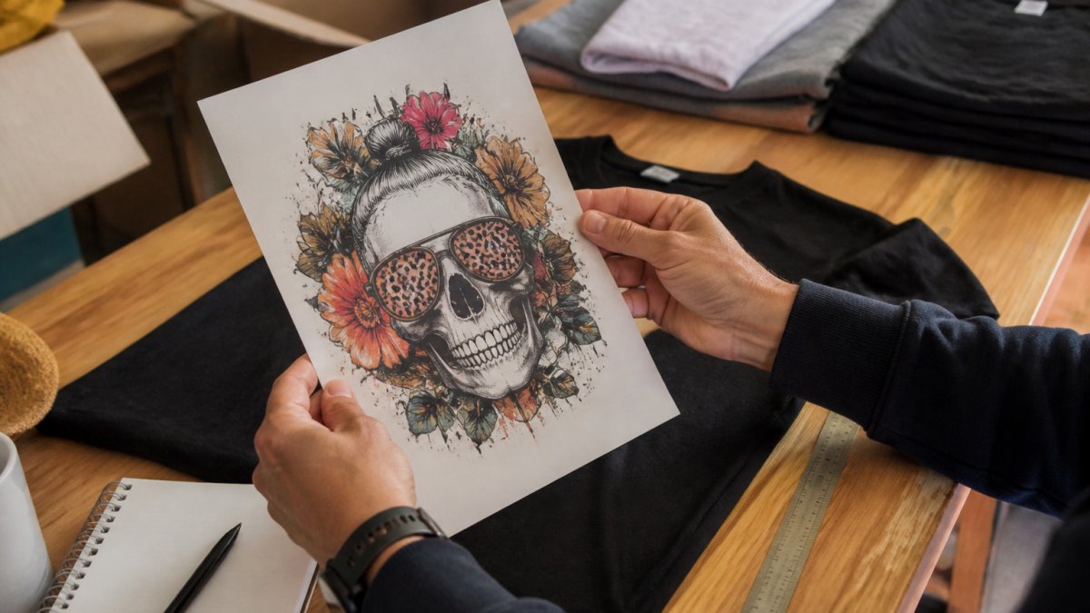 Close-up of a person's hands holding a printed t-shirt design under bright light, examining fine details like line patterns and object placement for visual errors