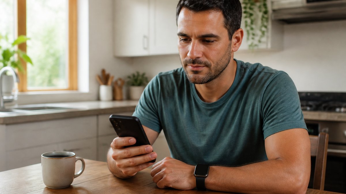 Infographic showing a person checking AI health insights on a smartphone while wearing a smartwatch.