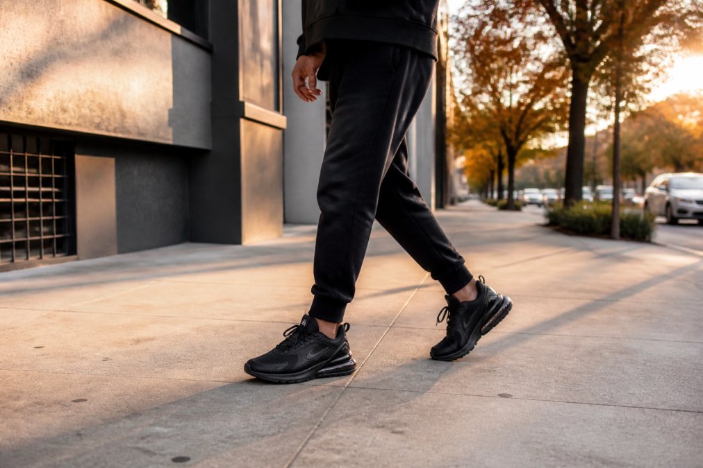 A person wearing black Air Max React sneakers standing on a city sidewalk, mid-step, relaxed posture, soft late-afternoon light