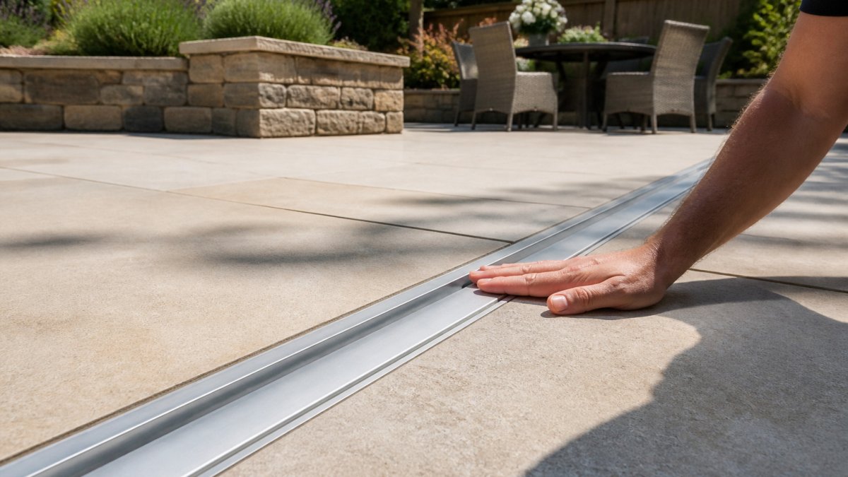 A hand resting near a slim aluminium patio drain set flush into a sunny stone garden terrace.