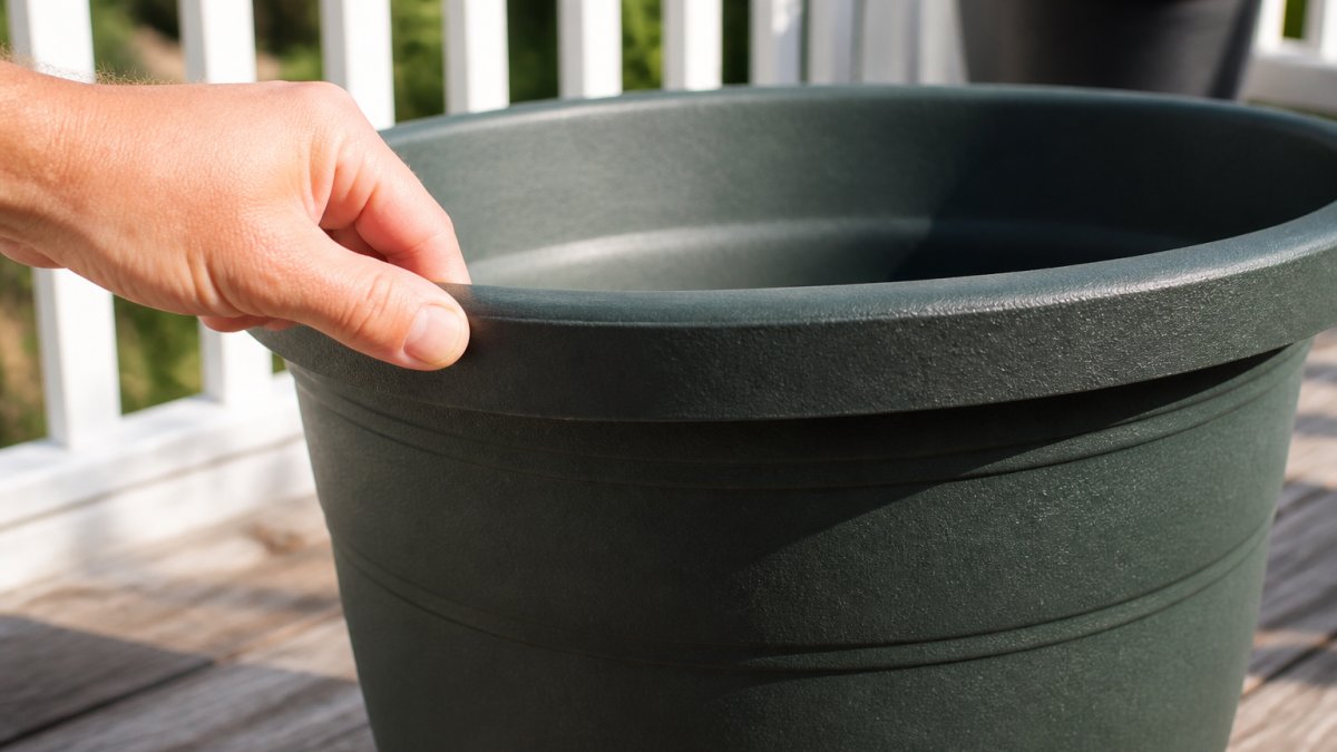Close-up photograph of a sturdy polypropylene planter on a wooden deck, a hand pressing the rim to show wall thickness and rigidity, soft afternoon light