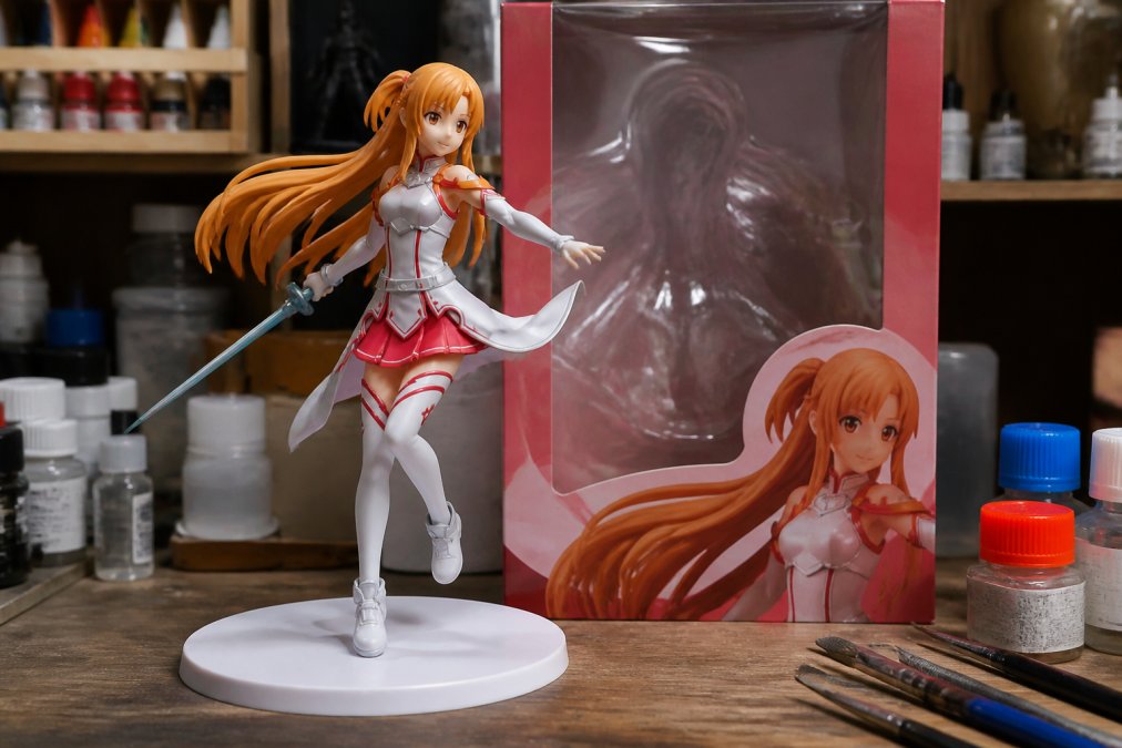Close-up of an authentic PVC anime figure displaying fine sculpting details, sharp paint lines, and proper color gradients, positioned next to original packaging with correct branding and serial numbers under natural studio lighting