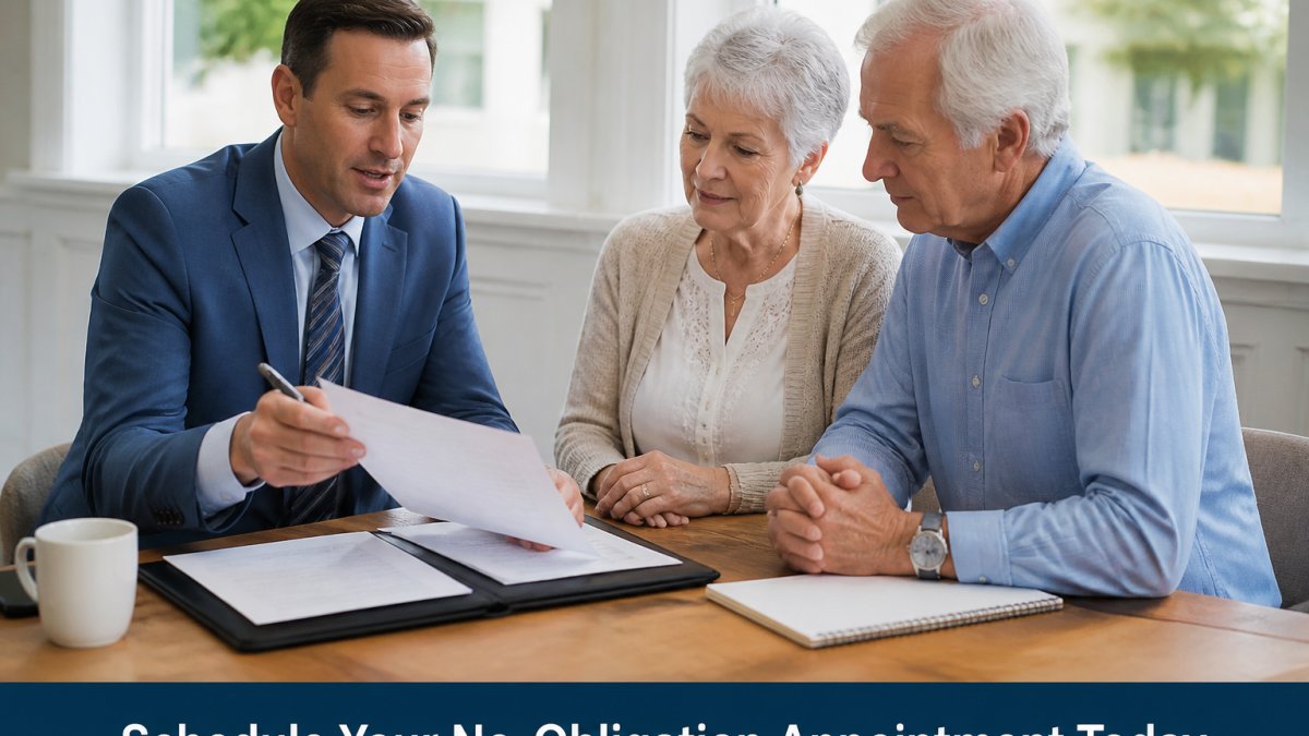 Financial advisor meeting with retired couple at desk reviewing retirement documents and discussing annuity options in professional office setting with natural lighting