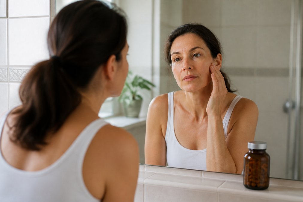 A woman in her forties examining her skin in a bathroom mirror with a supplement bottle on the counter, soft natural light, calm and realistic scene