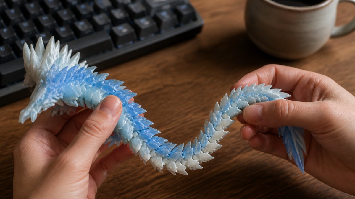 Close-up of hands bending the segmented tail of an 18-inch articulated crystal dragon on a wooden desk, with a keyboard and coffee mug softly blurred in the background