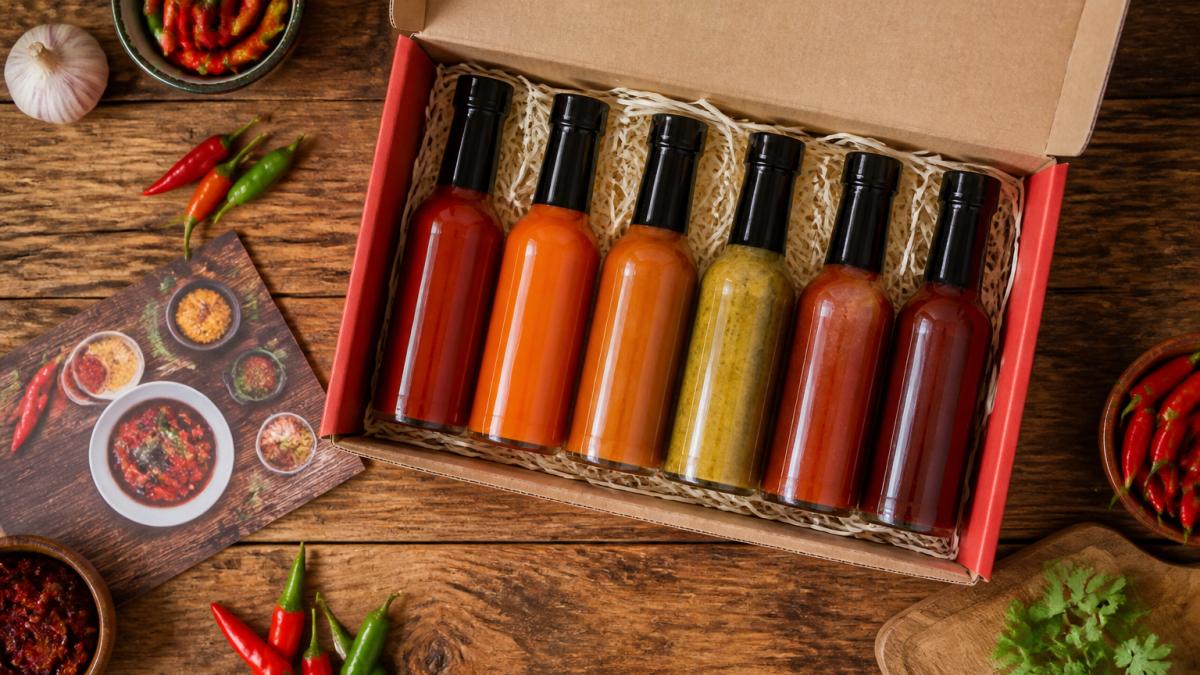 Infographic showing the contents and variety of a gourmet chilli sauce gift set on a rustic table