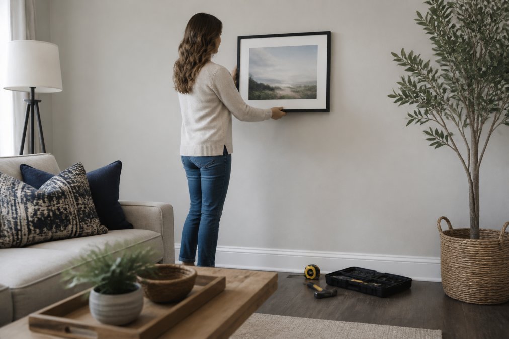Woman measuring a wall to hang artist canvas prints in a living room