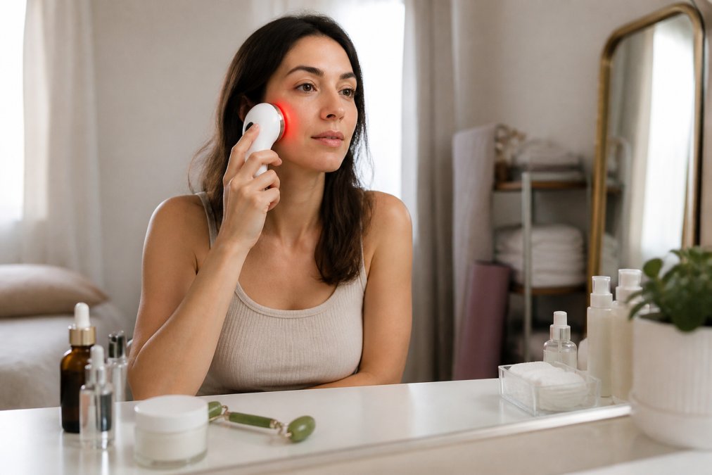 A woman in her 30s sitting at a vanity table, holding a small white LED face device near her cheek, with a jade roller and skincare bottles visible on the counter